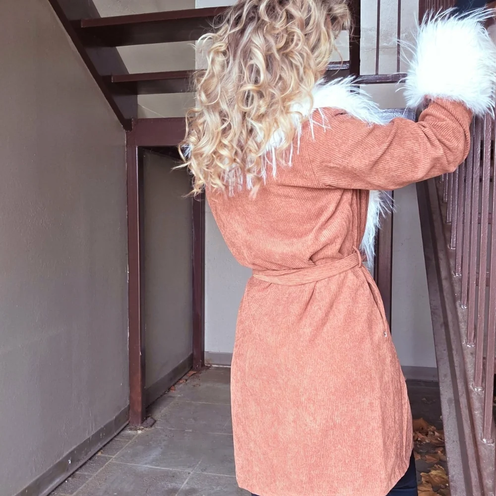 Corduroy Faux Fur Trim Belted Coat - Picture 5 of 5